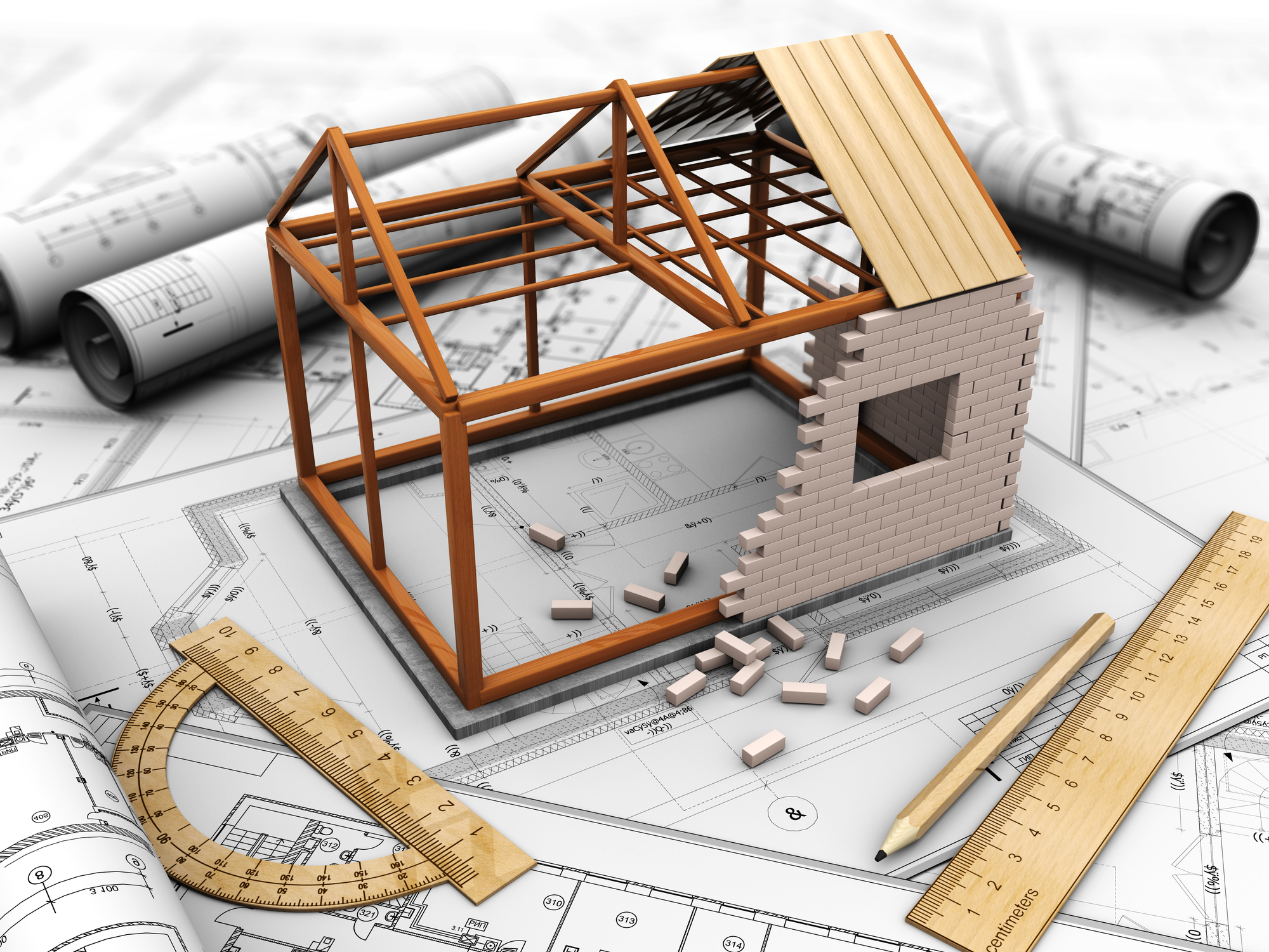 House project with model, pencil and rules